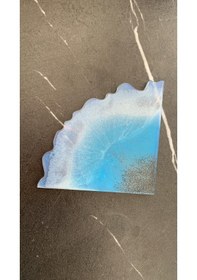 Resim Deniz Mavi Tonlu Siyah Simli Üçgen Dalgalı Epoksi Bardak Altlığı Okyanus Mavisi 