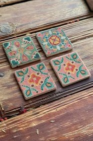 Resim Oscar Stone Decor Baskılı Doğaltaş Bardak Altlığı 4'Lü Set Desen Tile 4Dsn-185 