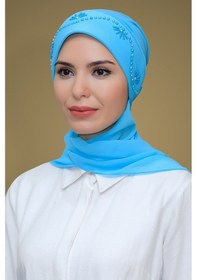 Resim Hürrem Bone B. Mavisi Pratik Hazır Geçmeli Tesettür Bone Sandy Kumaş Güllü İşlemeli Şifon Atkılı 1206a 11 Buz Mavisi 