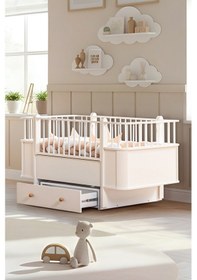 Resim Mdf Beşik, Krem Dünya Çekmeceli Büyüyen Beşik 80x130 - 1 Adet 80x130 Comfort Yatak Beyaz 