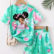 Resim 2'li Genç Kızlar İçin Bağlama Boyama Yazlık Kıyafet - Canlı Kısa Kollu Tişört & Şort Takımı, Karikatür Kız Baskılı, Makinede Yıkanabilir, Polyester - Günlük Kullanım İçin Mükemmel, Kızlar İçin Kıyafetler, Dış Mekan İçin Mükemmel 