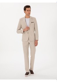 Resim Cacharel Bej Slim Fit Çizgili Takım Elbise 