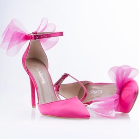 Resim shoeSSpring Fuşya Fiyonklu 10,5 Cm Ince Topuklu Saten Abiye Ayakkabı 
