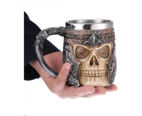 Resim Partenya Premium Paslanmaz Çelik Iç Hazneli Kurukafa Görünümlü Viking Bira Kupası – Kupa Tasarım 400ML 