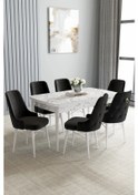 Resim Zümra Serisi, Beyaz Mermer Desen 80x132 Açılabilir Mdf Mutfak Masası Takımı 6 Adet Sandalye, Siyah 