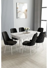 Resim Zümra Serisi, Beyaz Mermer Desen 80x132 Açılabilir Mdf Mutfak Masası Takımı 6 Adet Sandalye, Siyah 
