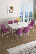 Resim Canisa Concept Han Serisi 70x114 Açılabilir Mdf Mutfak Masası Takımı Beyaz Mermer Desen Masa 6 Mor Sandalye 