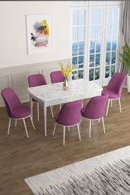 Resim Canisa Concept Han Serisi 70x114 Açılabilir Mdf Mutfak Masası Takımı Beyaz Mermer Desen Masa 6 Mor Sandalye 