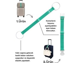 Resim Temel Valiz Aksesuarı Seti Turkuaz Renk Büyük Boy Sabitleme Kemeri ve Askı ile Seyahat Kolaylığı 