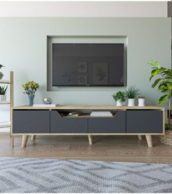 Resim Roma Ahşap Ayaklı Tv Ünitesi Tv Sehpası Safir Meşe - Antrasit 