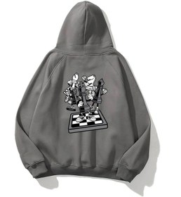 Resim Kapüşonlu İçi Polar Satranç Think Baskılı Füme Unisex Oversize Hoodie Sweatshirt - FÜME / XL 