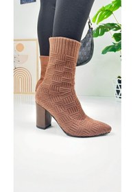 Resim Günlük Kadın Bot Yüksek Kalın Topuklu Triko Esnek Sivri Burunlu Tırtıklı Taban Rahat Bootie 168 Taba 