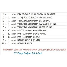 Resim Kraft Gold Banner 1 Yaş Folyo Yıldızlı 30 Balon Konsept Doğum Günü Seti 