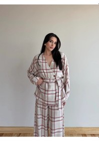 Resim Laluvia Kırmızı Ekose Kimono Şalvar Takım - 0993 
