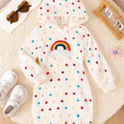 Resim Kızlar için Sevimli Puantiyeli Kapüşonlu Uzun Kollu Elbise - Gökkuşağı Baskılı Rahat Dış Mekan Giyim Orta Boy Sonbahar/Kış Elbiseleri 