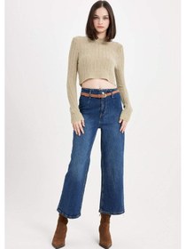Resim DeFacto Regular Fit Crop Bisiklet Yaka Örgü Delikli Triko Kazak C6321AX24WNGN270 Yeşil 
