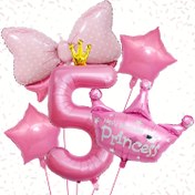 Resim 5'li Pembe Taç Fiyonk Numara Balon Seti, 40 inç Altın Taçlı Pembe Numara Balonlar, Alüminyum Film Beş Köşeli Yıldız Balonu, Prenses Doğum Günü Partisi Düğün Dekorasyon Malzemeleri 