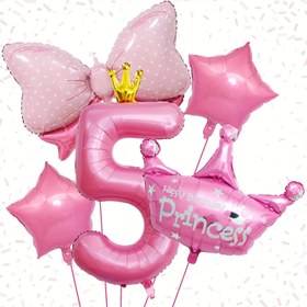 Resim 5'li Pembe Taç Fiyonk Numara Balon Seti, 40 inç Altın Taçlı Pembe Numara Balonlar, Alüminyum Film Beş Köşeli Yıldız Balonu, Prenses Doğum Günü Partisi Düğün Dekorasyon Malzemeleri 