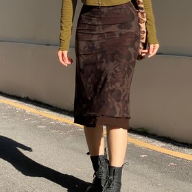 Resim Kadınlar için [Asimetrik Etek Kesimi] Şık Çiçek Baskılı Dantel Süslemeli Midi Etek - Vintage Esintili Düşük Bel A Kesim Asimetrik Etek, İlkbahar/Sonbahar için Mükemmel, Esnemez Kumaş 