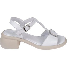 Resim Sms Hakiki Deri Kalın Topuklu Kadın Sandalet Sms-1333 Beyaz Beyaz 