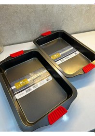 Resim Ivory 2 Adet Teflon Fırın Tepsisi 40x26 Cm, Yapışmaz, Kırmızı Silikon Tutacaklı Açık Gri 