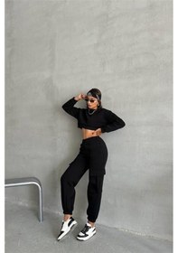 Resim Dip Moda Kadın Bisiklet Yaka Crop Eşofman Takımı Dpnbg041 Siyah 