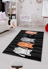 Resim Pelangi Siyah Kedi Desenli Çocuk Yıkanabilir Kaymaz Taban Leke Tutmazbebek Ve Çocuk Odası Halısı, Siyah 180 x 300, 901357132180300 
