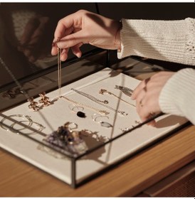 Resim Cam Takı Ve Aksesuar Kutusu Keten Tabanlı Siyah 35x25x5cm 