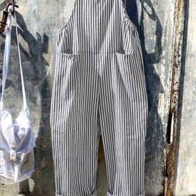 Resim Kadınların Şık Çizgili Jumpsuit'ü - Düğmeli Detaylı, Kolsuz Overall Stili, İlkbahar/Yaz/Sonbahar için Ayarlanabilir Askılı Tasarım, İlkbahar Modası|Kolsuz Jumpsuit|Düğme Detayları, Jumpsuit Jumpsuit 