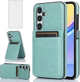 Resim Asuwish Samsung Galaxy A15 5G/4G için Telefon Kılıfı Temperli Camlı Ekran Koruyucu Kredi Kartı Tutucu Cüzdan Kapak Standı Deri Cep Aksesuarları Glaxay A 15 15A SM A156B A155F Kadın Erkek Yeşil 