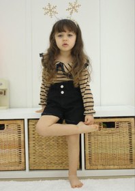 Resim Asortik Kids Kız Çocuk Çizgili Uzun Kollu Bluz + Kot Şort 2'li Set-K018-JLB-078 