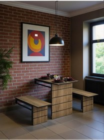 Resim Firuze Duvara Monte Katlanabilir 2 Tabureli Pratik Yemek Masası Balkon Masası Ceviz 