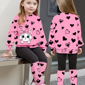 Resim Kızlar İçin Sevimli Kedi Desenli Uzun Kollu Tişört Üst + Kalp Desenli Günlük Pantolon Birleşik Tasarım Uzun Pantolon Takımı, İlkbahar ve Sonbahar İçin 2 Parça Set 