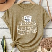 Resim Rahat Vintage Bol Bol Şort Kollu Tişört, Kitap Kahve Baskılı Tasarım. 