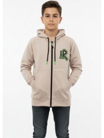 Resim Kapüşonlu Fermuarlı Yandan Cepli Baskılı %100 Pamuk 2 İplik Mevsimlik Erkek Çocuk Sweatshirt-90935 Bej 