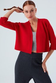 Resim Peraluna Reglan Kollu Kaşmir Karışım Kısa Kadın Triko Bolero - Kırmızı 