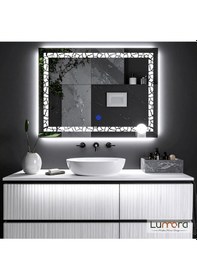 Resim Gleamira Beyaz Led'li Lazer Kumlamalı Lavabo & Banyo Aynası Dokunmatik Sensörlü 65 X 90 Cm 