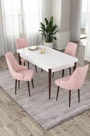 Resim Canisa Eta Serisi Mdf 80x132 Beyaz Ceviz Ayaklı Açılabilir Masa 4 Pembe Sandalye Mutfak Masası Takımı 