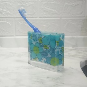 Resim 2 Adet Diş Fırçalık Mavi Çiçekli Akrilik 10x10x3cm Banyo Seti Çok Renkli 