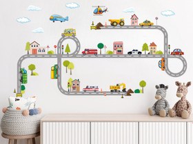 Resim Kasaba Temalı Yol ve Araçlar Çocuk Odası Duvar Stickerı Duvar Dekoru - 114x33 cm / Karışık Renkli / İş Makineleri Temalı 
