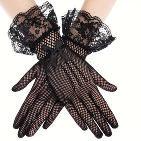Resim Bir Çift File Dantel Eldiven Seksi Dantel Eldiven Düğün Elbisesi Resmi Performans Seksi Yaylı File Eldiven 