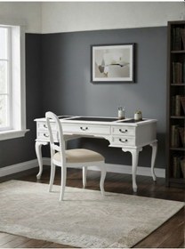 Resim Realm Fransız Retro Deri Ahşap Çalışma Masası 75x140 Beyaz - Siyah 