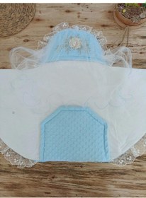Resim Yenidoğan Topçikli Gül Bahçesi Tül Örtülü Kız Erkek Bebek Klasik Kundak Bebek Battaniyesi Mavi 