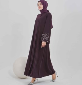 Resim Kolları Taş İşlemeli Valon Kollu Ferace Mürdüm | 2024128 - 48 / Mürdüm 