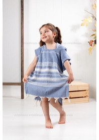 Resim Çocuk 3-4 Yaş Bornoz Panço %100 Pamuk Plaj Havlusu Peştemal Mavi 
