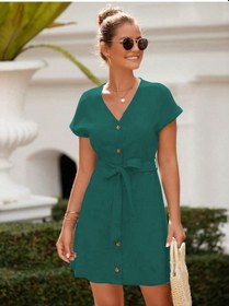 Resim Kadın Kısa Kollu V Yakalı Önden Düğmeli Belden Kuşaklı Cepli Sofya Elbise Yeşil 