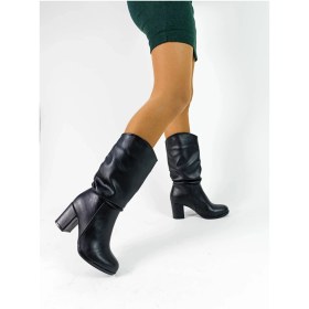 Resim Cilt Deri Siyah Renk Kalın Topuklu Körüklü Kadın Diz Altı Çizme Siyah 