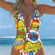 Resim Kadınlar İçin Pop Art Yazılı V Yaka Halter Boyunlu, Yüksek Esnek Kumaşlı Plaj ve Havuz Mayo, Eğlenceli ve Rahat Yazlık Yüzme Kıyafeti 