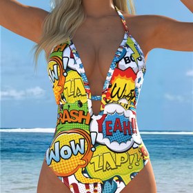 Resim Kadınlar İçin Pop Art Yazılı V Yaka Halter Boyunlu, Yüksek Esnek Kumaşlı Plaj ve Havuz Mayo, Eğlenceli ve Rahat Yazlık Yüzme Kıyafeti 