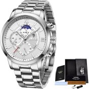 Resim Hanyang Gümüş Beyaz S Lıge Kronograf Izle Erkekler Için Moda Paslanmaz Çelik Saatler Üst Marka Lüks Su Geçirmez Kuvars Kol Saati Ay Fazı Saatleri (Yurt Dışından) 